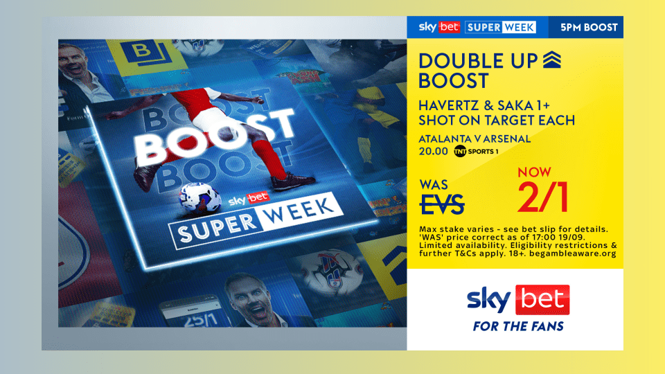 You are currently viewing Atalanta vs Arsenal Sky Bet Double Up Boost: Havertz & Saka 1+ SOT each NOW 2/1