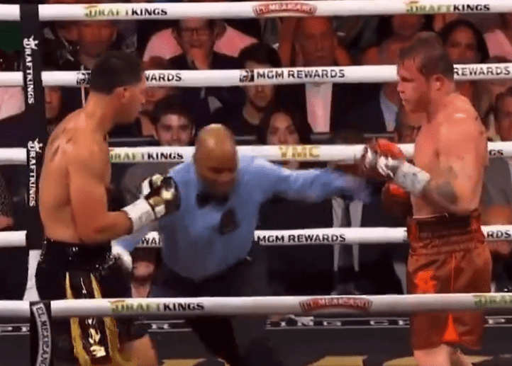 You are currently viewing Canelo Alvarez and Edgar Berlanga pause mid-fight to have heated argument after challenger nails champion with huge punch