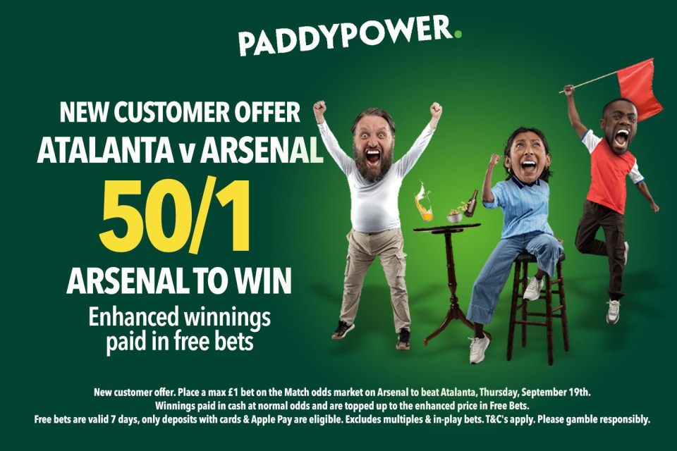 Read more about the article Atalanta vs Arsenal enhanced price offer: Get 50/1 on Arsenal to win with Paddy Power