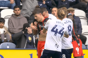 Read more about the article ‘I’ve got a bite mark!’ – Preston’s Milutin Osmajic appears to bite Blackburn’s Owen Beck but Liverpool loanee gets sent off