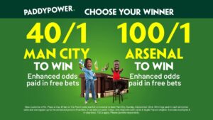 Read more about the article Man City vs Arsenal enhanced prices: Pick your winner at 40/1 or 100/1 on Paddy Power