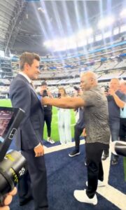 Read more about the article ‘Are you scared?’ – Mike Tyson playfully jabs Tom Brady at Cowboys game before squaring off with Jake Paul