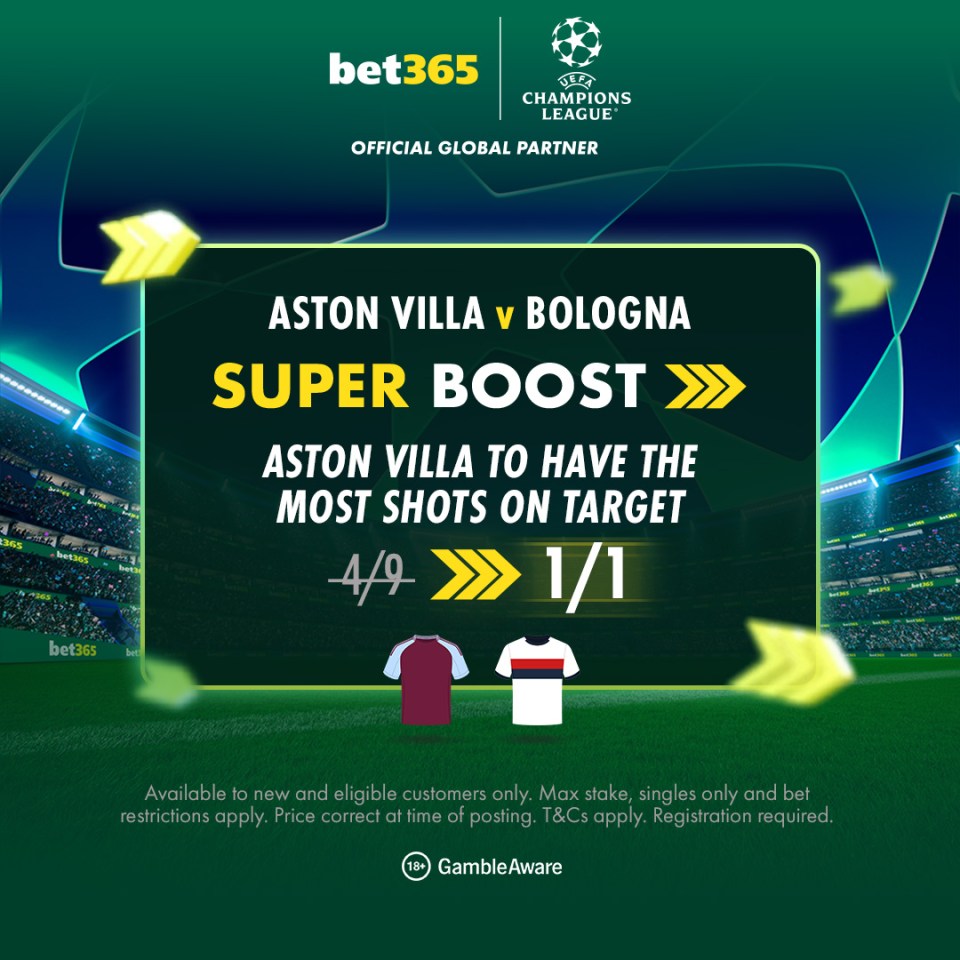 You are currently viewing Aston Villa v Bologna super boost: Get EVENS on Villa to have more shots on target with bet365