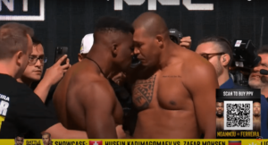 Read more about the article Francis Ngannou dwarfed by 6ft 8in giant as they butt heads after weighing in at monstrous 500lbs combined weight for PFL heavyweight title fight