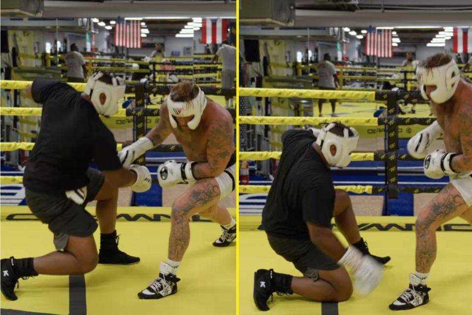 You are currently viewing Jake Paul drops sparring partner with vicious right hand and sends eerie message to Mike Tyson