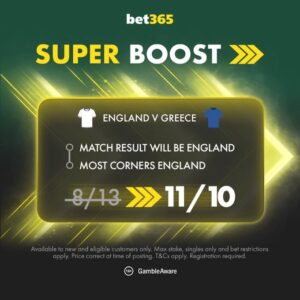 Read more about the article England vs Greece Super Boost: England to win & most corners now 1/1 on bet365