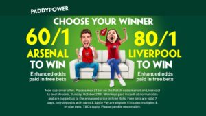 Read more about the article Arsenal v Liverpool betting offer: Get 60/1 on Arsenal to win or 80/1 on Liverpool to win with Paddy Power