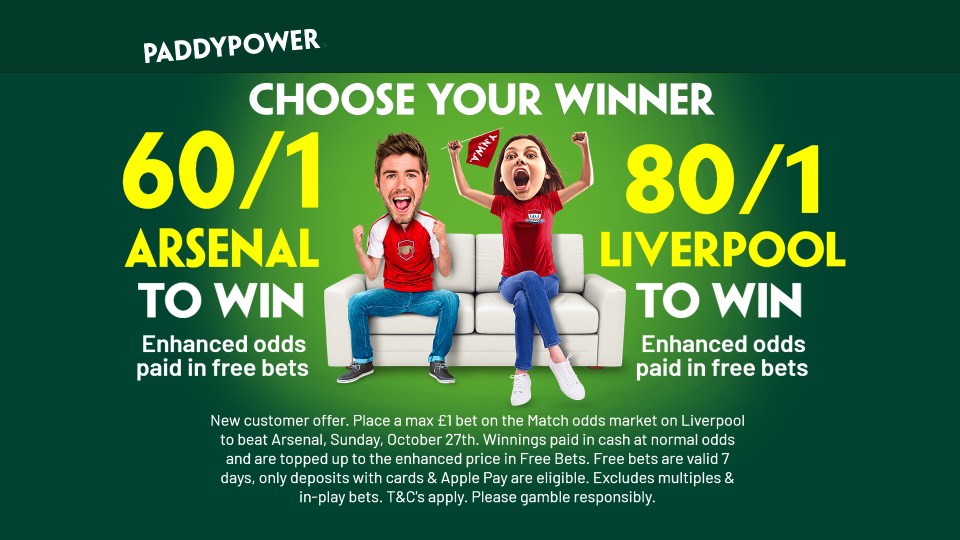 You are currently viewing Arsenal v Liverpool betting offer: Get 60/1 on Arsenal to win or 80/1 on Liverpool to win with Paddy Power