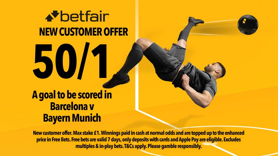 Read more about the article Barcelona v Bayern Munich betting offer: Get 50/1 on a goal to be scored with Betfair