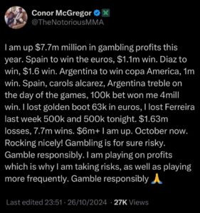 Read more about the article Conor McGregor reveals mind-blowing total earnings from bets despite missing out on $17million