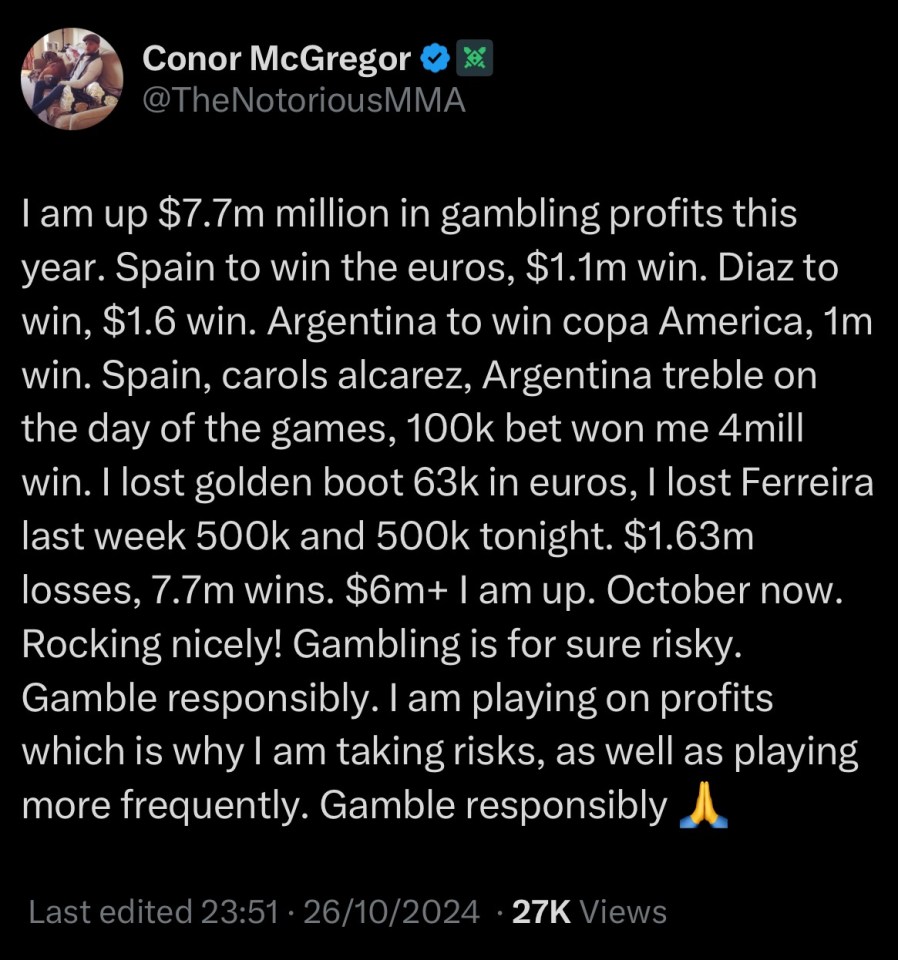 Read more about the article Conor McGregor reveals mind-blowing total earnings from bets despite missing out on $17million