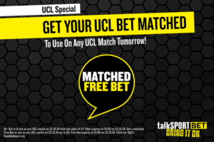 Read more about the article Champions League betting offer: Free matched bet to use on Wed when betting on Tuesday’s games with talkSPORT BET