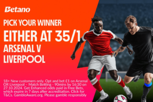 Read more about the article Arsenal v Liverpool betting offer: Pick Your Winner at 35/1 with Betano