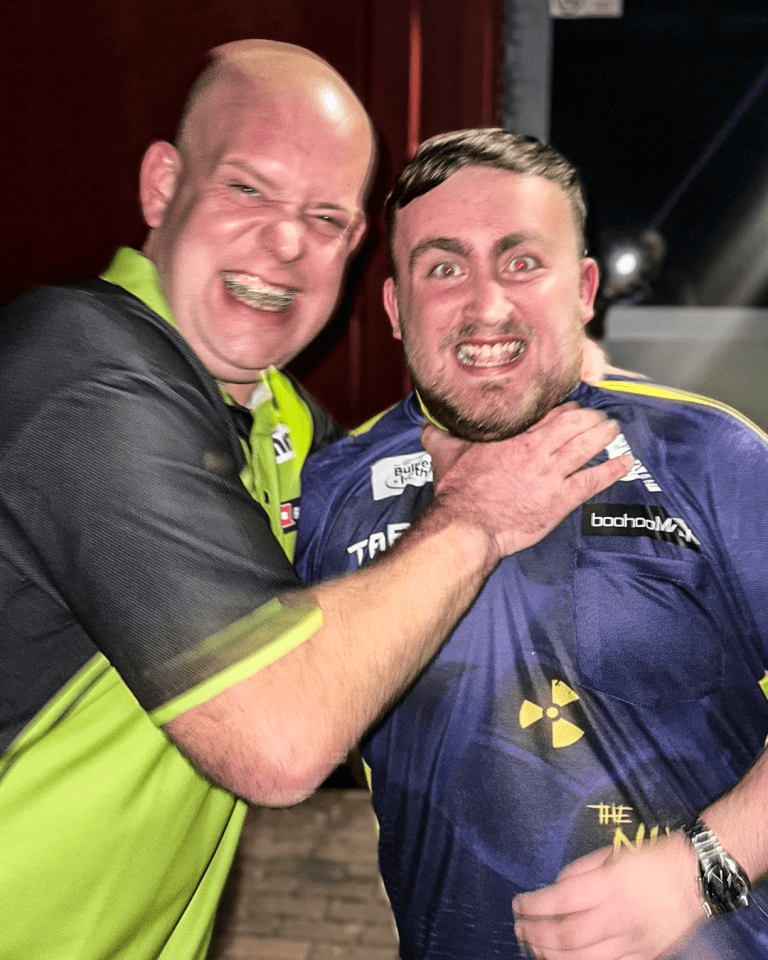 You are currently viewing Luke Littler jokingly choked by Michael van Gerwen before being left ‘disgusted’ by record-breaking run ending