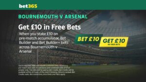 Read more about the article All eligible customer offer: Bet £10 get £10 free bets on Bournemouth vs Arsenal on Bet365