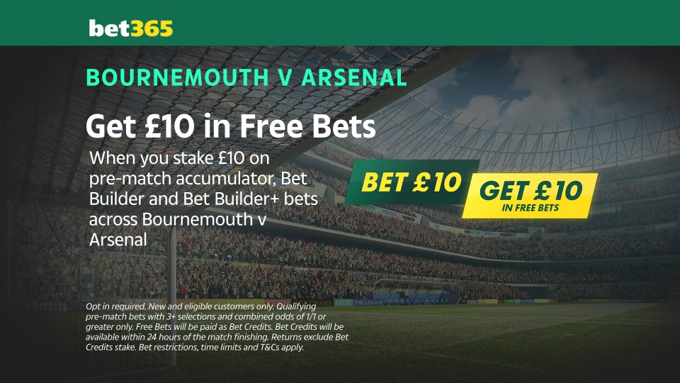 Read more about the article All eligible customer offer: Bet £10 get £10 free bets on Bournemouth vs Arsenal on Bet365