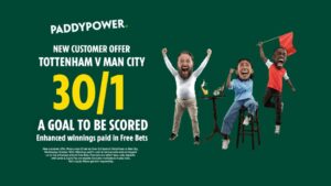 Read more about the article Tottenham vs Man City betting offer: Get 30/1 on 1+ goal to be scored with Paddy Power