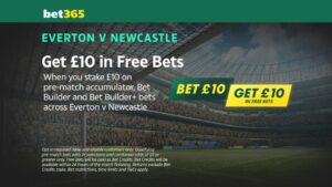 Read more about the article All eligible customer offer: Bet £10 get £10 free bets on Everton vs Newcastle with Bet365