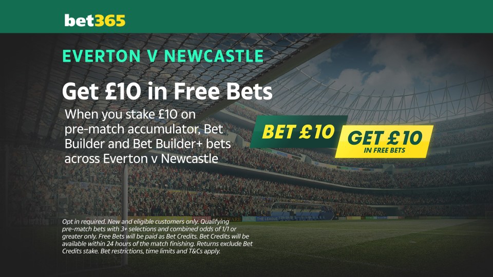 You are currently viewing All eligible customer offer: Bet £10 get £10 free bets on Everton vs Newcastle with Bet365