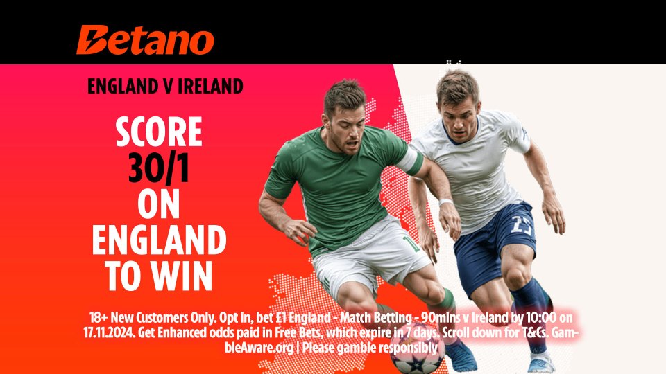 You are currently viewing England v Republic of Ireland betting offer: Get 30/1 on England to win with Betano