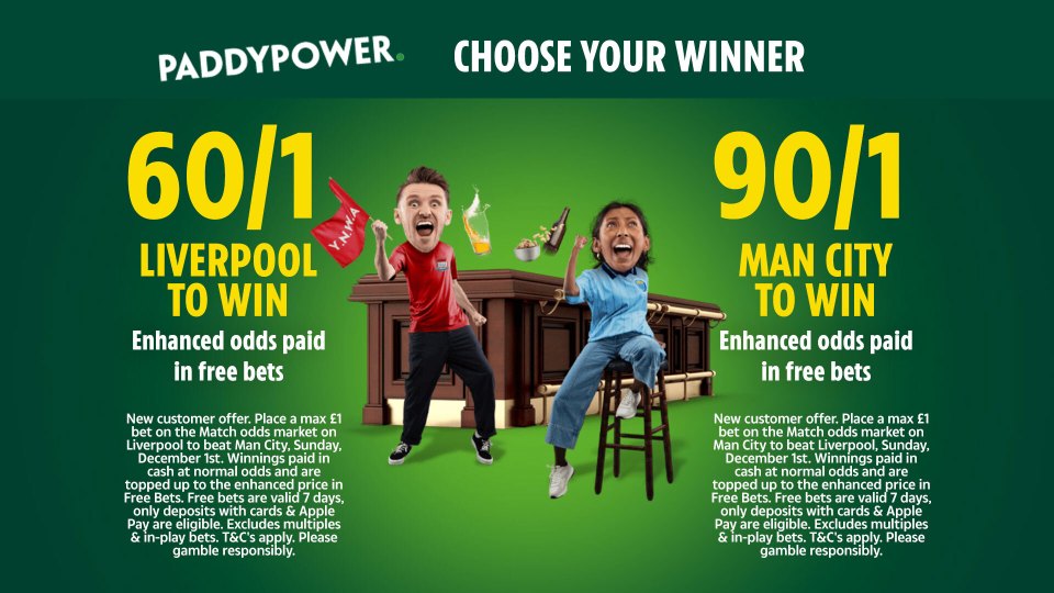 You are currently viewing Liverpool v Manchester City betting offer: Get 60/1 on Liverpool to win or 90/1 on Manchester City to win with Paddy Power