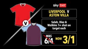 Read more about the article Liverpool v Aston Villa odds boost: Get 3/1 on Salah, Diaz and Watkins to have 1+ shot on target each with Sky Bet