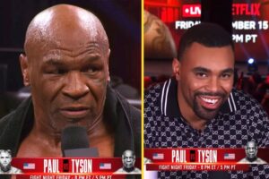 Read more about the article ‘They’ve gotta watch it’ – Mike Tyson gives funny warning to his own children while his son watches on at public workout for Jake Paul fight