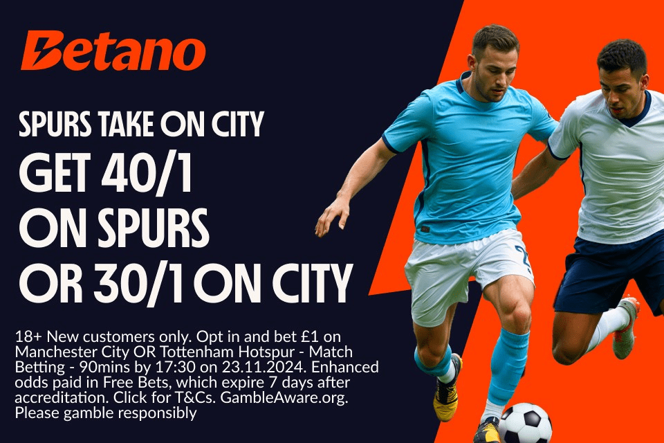 Read more about the article Manchester City v Tottenham betting offer: Get 30/1 on Man City to win or 40/1 on Tottenham to win with Betano