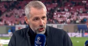 Read more about the article Under-fire Champions League boss swears on live TV and prompts awkward laugh from host Gabby Logan