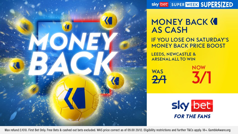 You are currently viewing Money Back As Cash If You Lose on 3/1 Price Boost: Leeds, Newcastle & Arsenal to win on SkyBet