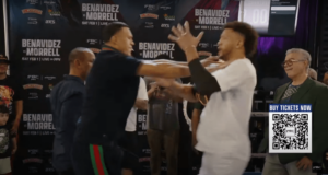 Read more about the article David Morrell hurls title at Canelo Alvarez rival David Benavidez’s head as chaos erupts at press event