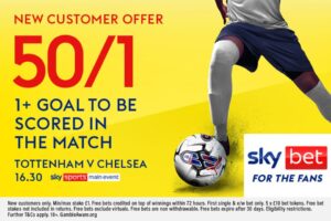 Read more about the article Tottenham v Chelsea betting offer: Get 50/1 on a goal to be scored with Sky Bet