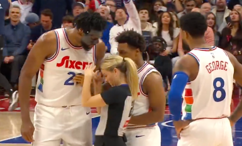 You are currently viewing Masked Joel Embiid rips off face protection after furious confrontation with female referee