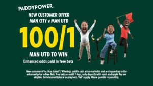 Read more about the article Manchester City v Manchester United betting offer: Get 100/1 on Man United to win with Paddy Power