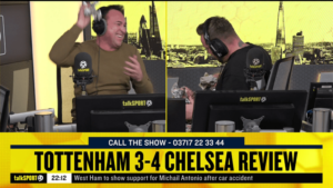 Read more about the article ‘Chelsea’s punch bag!’ – Jason Cundy mocks Tottenham fans as he throws paper at co-host Jamie O’Hara during grilling