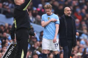 Read more about the article ‘Did not look happy’ – Kevin De Bruyne first down tunnel following ‘acrimonious’ Pep Guardiola greeting