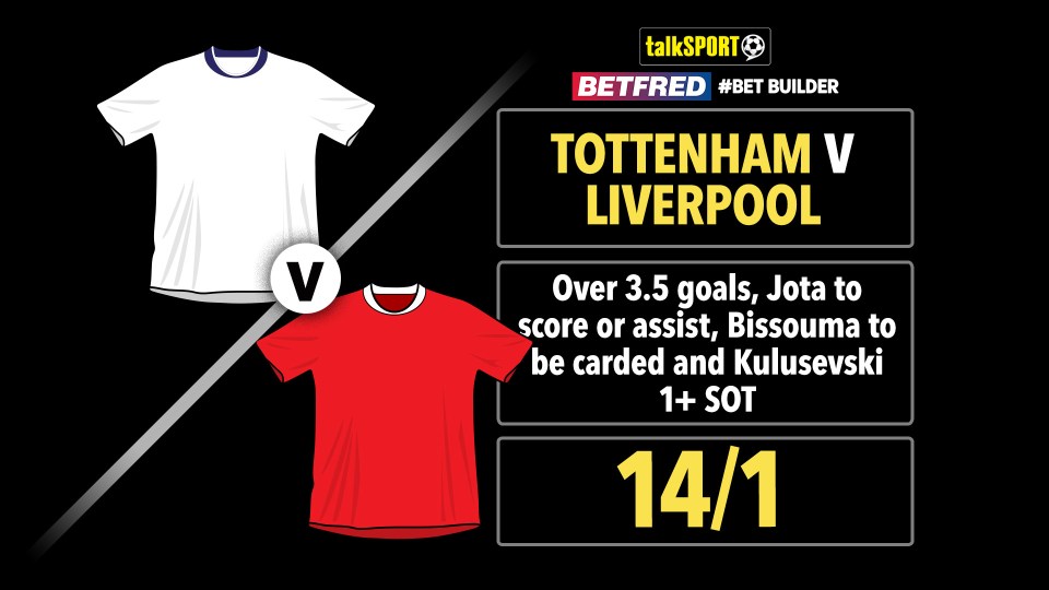 You are currently viewing Tottenham v Liverpool 14/1 Bet Builder: Bet £10 and get £50 in free bets with Betfred