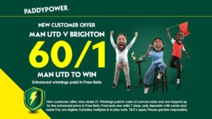 Read more about the article Manchester United v Brighton betting offer: Get 60/1 on United to win with Paddy Power