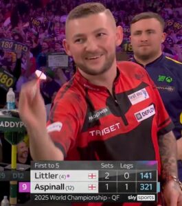 Read more about the article Nathan Aspinall forced to stop mid-leg after bursting out laughing in Luke Littler match