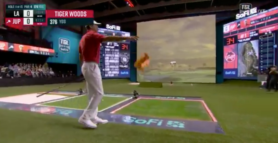 You are currently viewing Tiger Woods kicks off TGL with WWE-like grand entrance and drops hammer on first hole