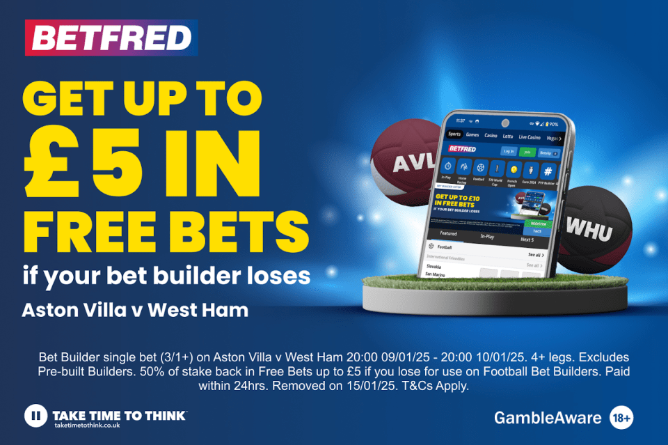 You are currently viewing Aston Villa v West Ham betting offer: Get half your money back if your bet builder loses with Betfred