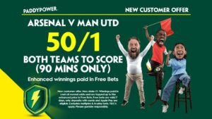 Read more about the article Arsenal vs Man United betting offer: Get 50/1 on BTTS on Paddy Power