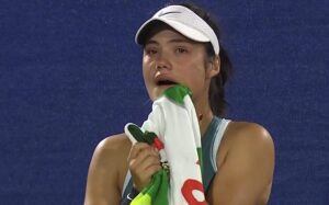 Read more about the article Emma Raducanu breaks down in tears and hides behind umpire’s chair during defeat at Dubai Open