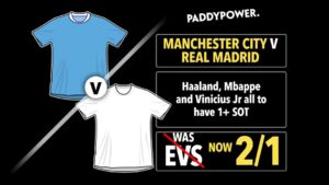 Read more about the article Manchester City v Real Madrid odds boost: Get 2/1 on Haaland, Mbappe and Vinicius Jr to have 1+ SOT each with Paddy Power