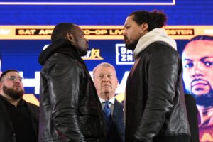 Read more about the article ‘Put coffee to sleep’ – Dillian Whyte mocks ‘boring’ Joe Joyce in bizarre and awkward on-stage exchange