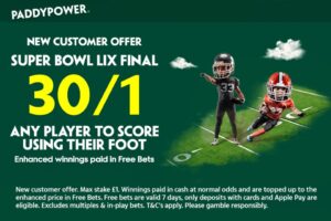 Read more about the article Super Bowl LIX betting offer: Get 30/1 on a player to score using their foot with Paddy Power