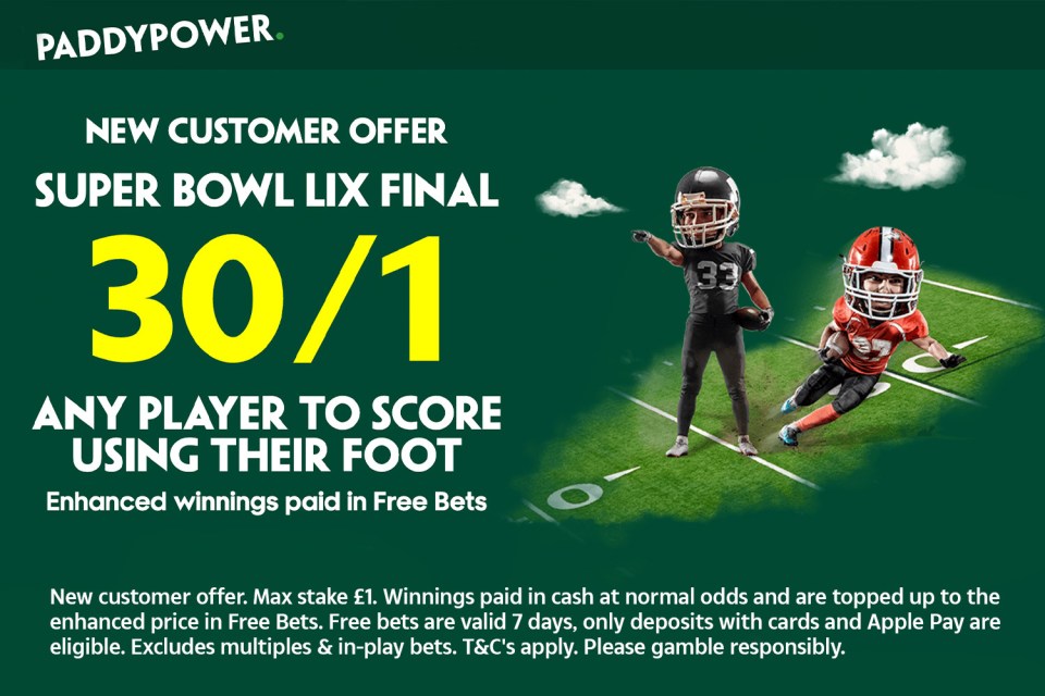 You are currently viewing Super Bowl LIX betting offer: Get 30/1 on a player to score using their foot with Paddy Power