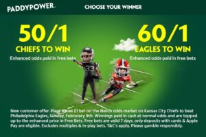 Read more about the article Super Bowl LIX betting offer: Get 50/1 on Chiefs or 60/1 on Eagles to win with Paddy Power