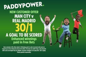 Read more about the article Manchester City v Real Madrid betting offer: Get 30/1 on a goal to be scored with Paddy Power