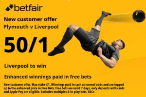 Read more about the article Plymouth v Liverpool betting offer: Get 50/1 on Liverpool to win with Betfair